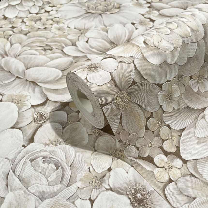 Luxus szürke-bézs vlies tapéta virágokkal 33951, Botanica, Marburg