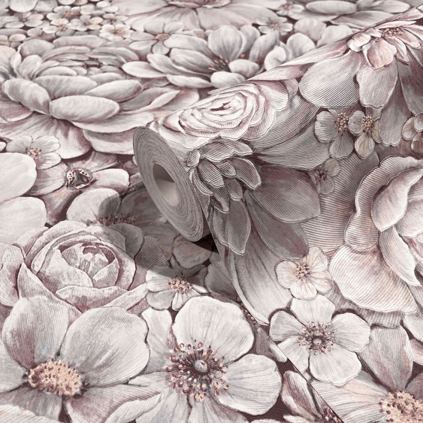 Luxus szürke-rózsaszín vlies tapéta virágokkal 33954, Botanica, Marburg