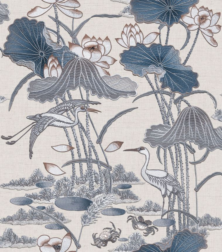 Luxus szürkéskék vlies tapéta tavirózsákkal és madarakkal, TP422702, Tapestry, Design ID