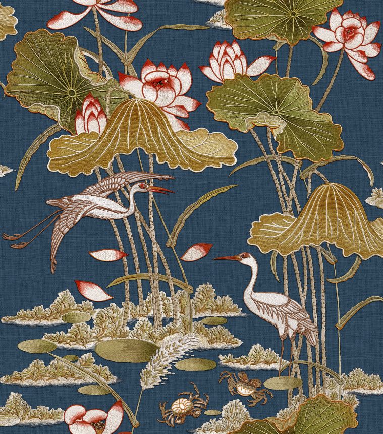Luxus kék vlies tapéta tavirózsákkal és madarakkal, TP422705, Tapestry, Design ID