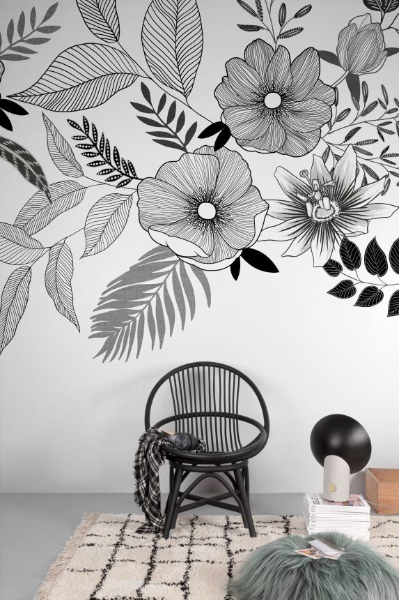 Fekete-fehér vlies fotótapéta virágokkal, ML6701, Mural Young Edition, Grandeco