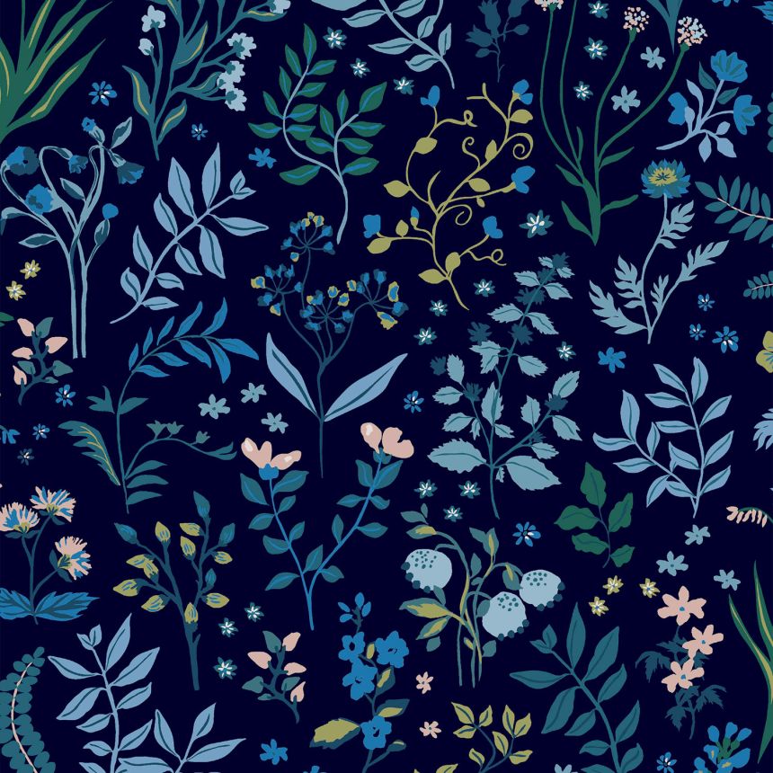 Kék vlies tapéta, virágok, levelek, 120874, Joules, Graham&Brown