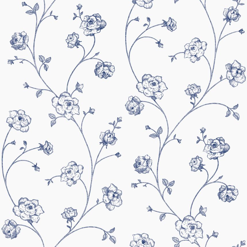 Fehér és kék vlies virágos tapéta, 139300, Vintage Flowers, Esta Home