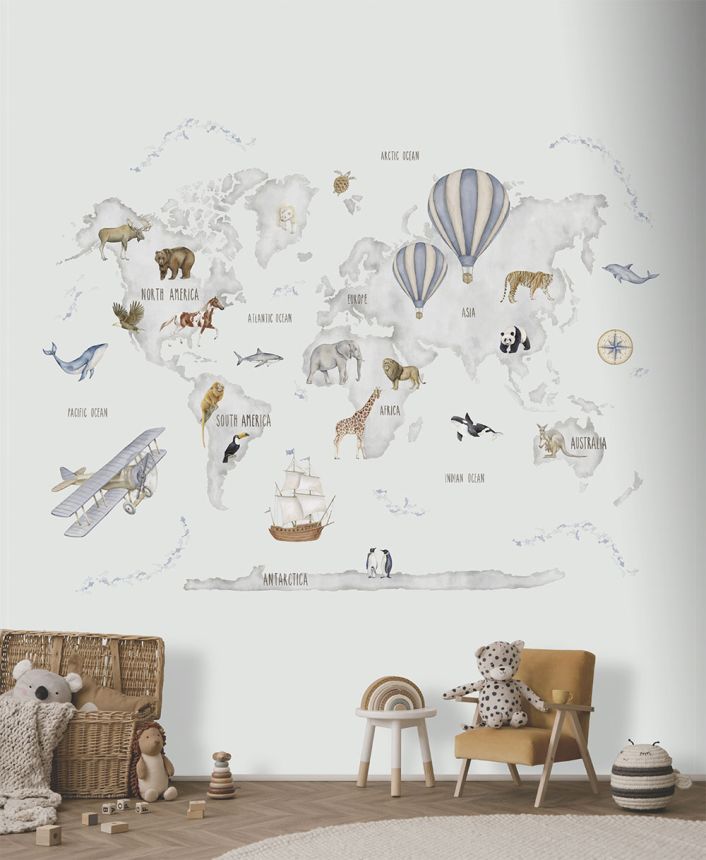 Gyermek vlies poszter tapéta, állatok, Világtérkép, CW6118-1, Cute Walls, Decoprint