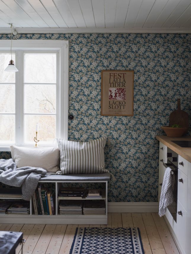 Tapéta, kék, virágok, levelek, 4162, Alla Tiders Hus, Borastapeter