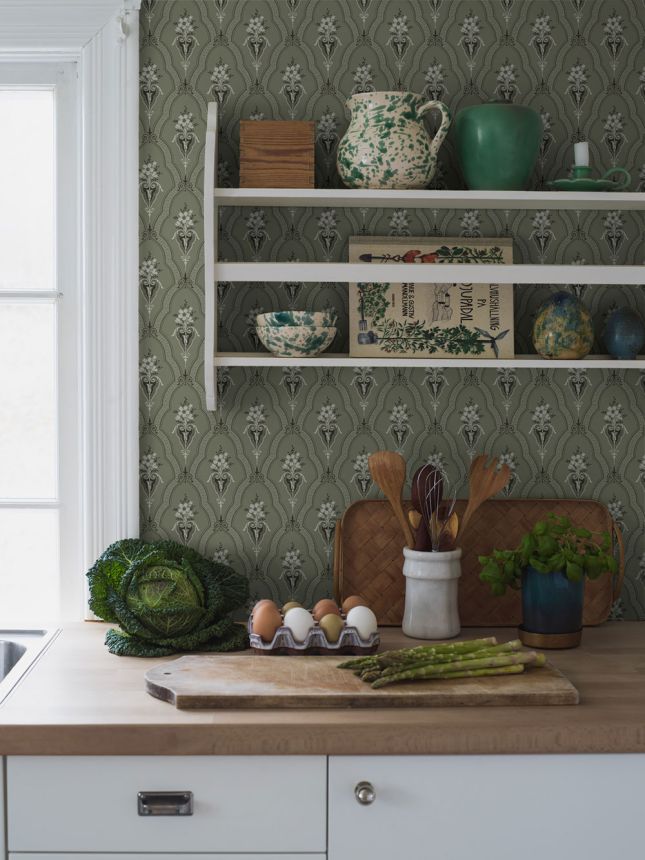 Tapéta, zöld, kastélyminta, ornamentika, 4165, Alla Tiders Hus, Borastapeter