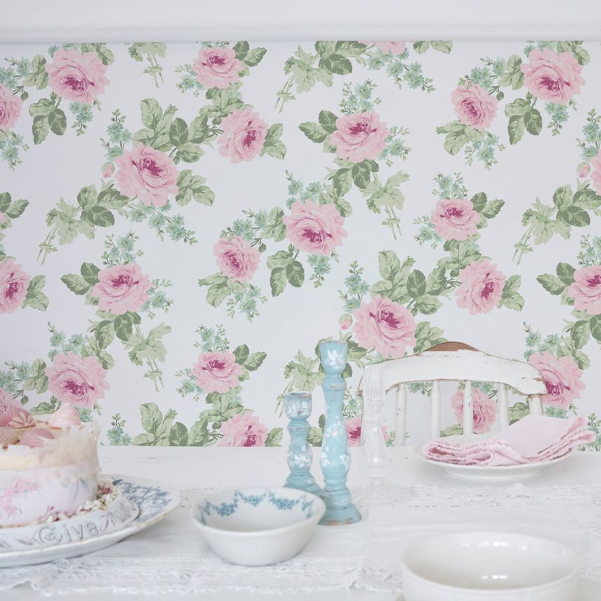 Tapéta, rózsaszín-zöld, virágok, 125111, Shabby Chic by Rachel Ashwell