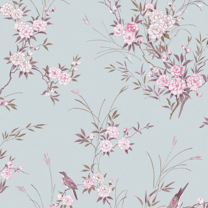 Tapéta, kék, virágok, madarak, 125119, Shabby Chic by Rachel Ashwell
