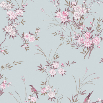 Tapéta, kék, virágok, madarak, 125119, Shabby Chic by Rachel Ashwell