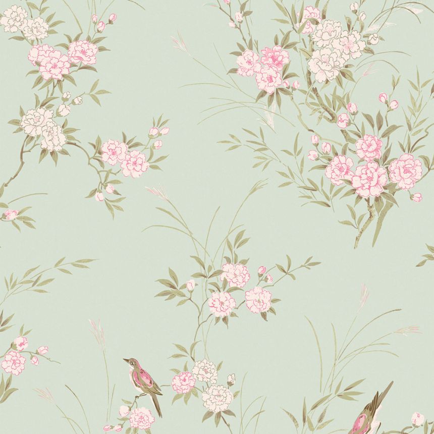 Tapéta, zöld, virágok, madarak, 125120, Shabby Chic by Rachel Ashwell