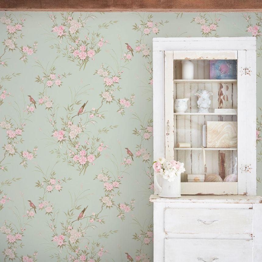 Tapéta, zöld, virágok, madarak, 125120, Shabby Chic by Rachel Ashwell