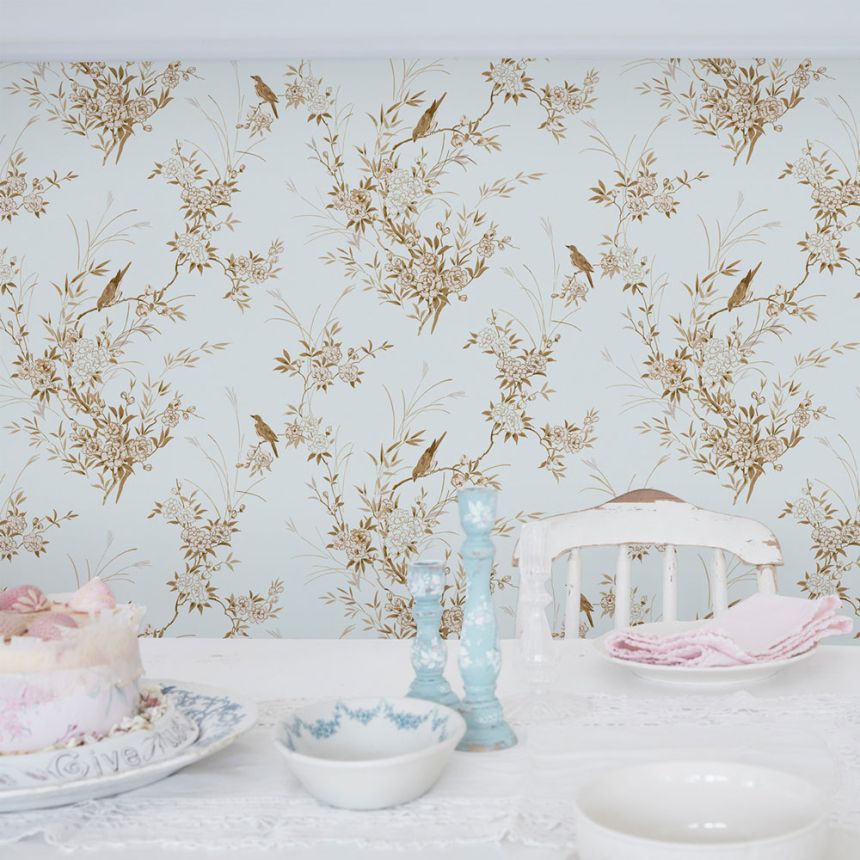 Tapéta, kék, virágok, madarak, 125121, Shabby Chic by Rachel Ashwell