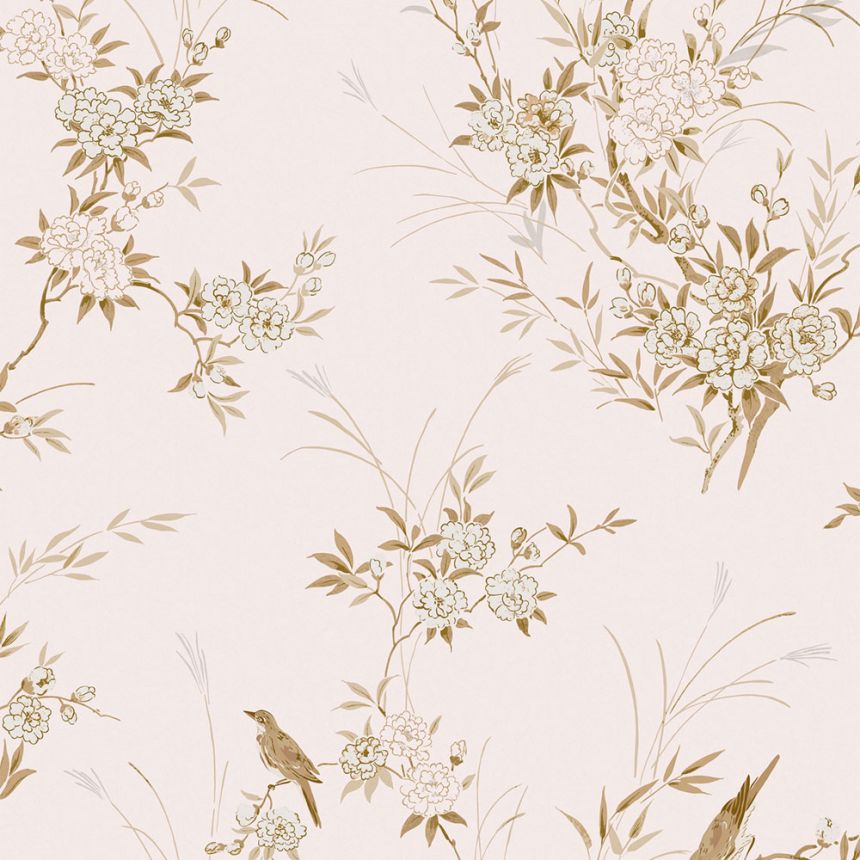 Tapéta, rózsaszín, virágok, madarak, 125122, Shabby Chic by Rachel Ashwell