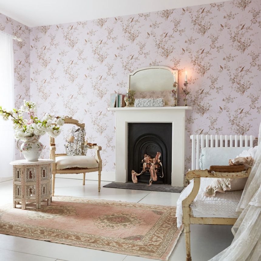 Tapéta, rózsaszín, virágok, madarak, 125122, Shabby Chic by Rachel Ashwell