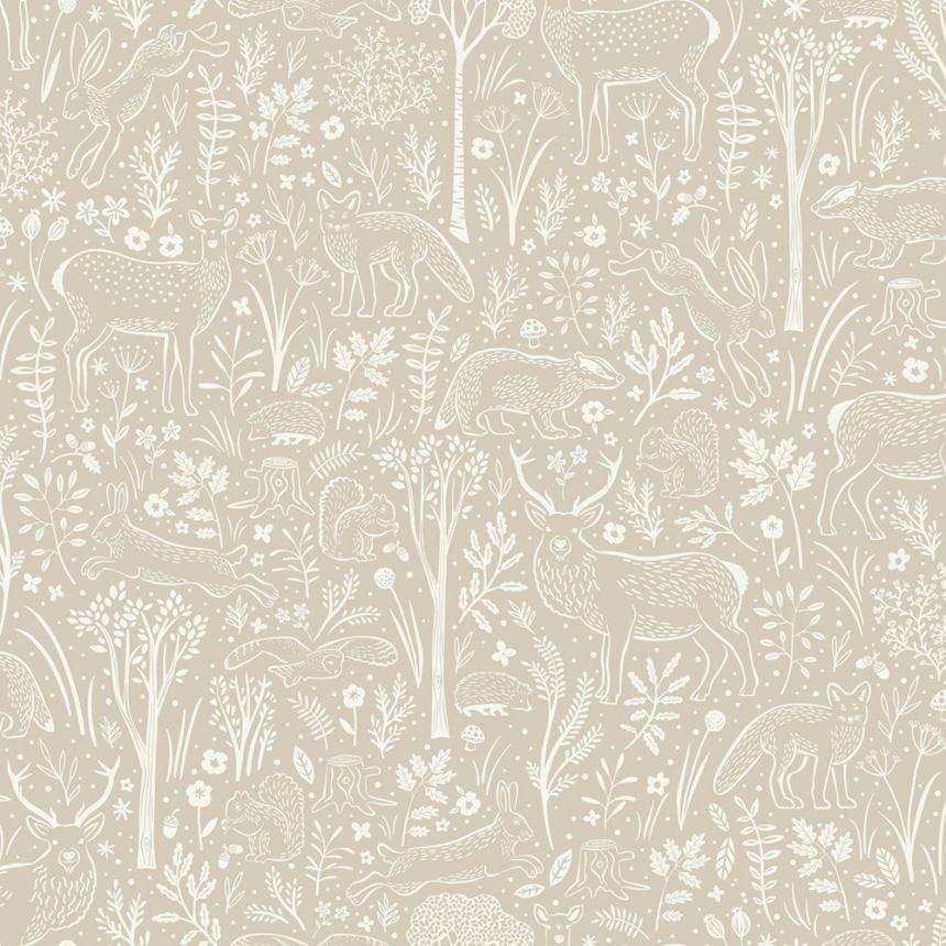 Tapéta, szürke-bézs, erdei állatok, LD3403, Little Dreamers, Grandeco