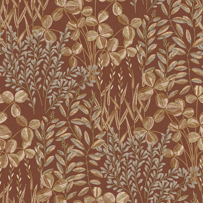 Tapéta, barna-piros, levelek és fű, A78902, Inia, Grandeco