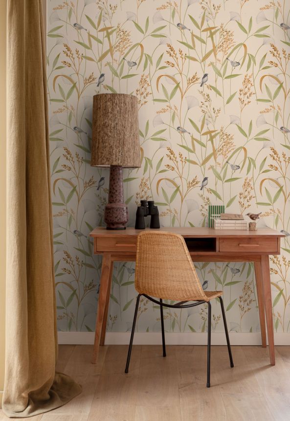 Tapéta, bézs-zöld, réti fű, madarak, A83501, Inia, Grandeco