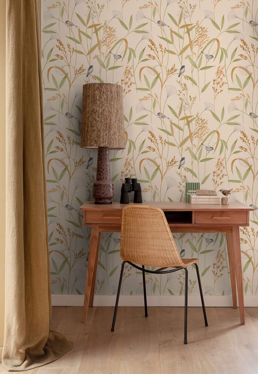 Tapéta, bézs-zöld, réti fű, madarak, A83501, Inia, Grandeco