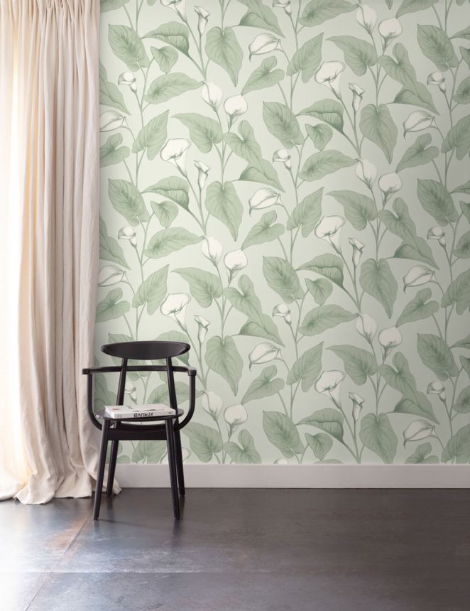 Tapéta, zöld, virágok, levelek, A83601, Inia, Grandeco