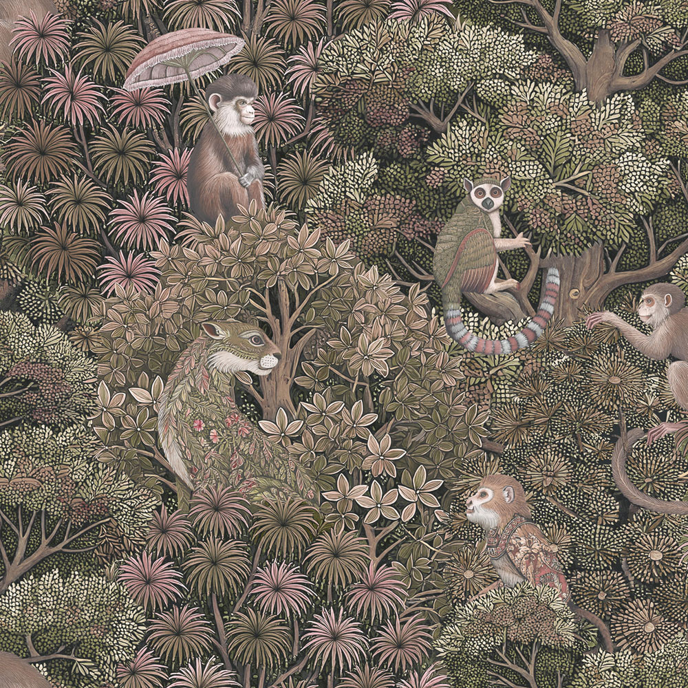 Tapéta, rózsaszín, levelek, majmok, 142312, Jaipur, Graham Brown Premium