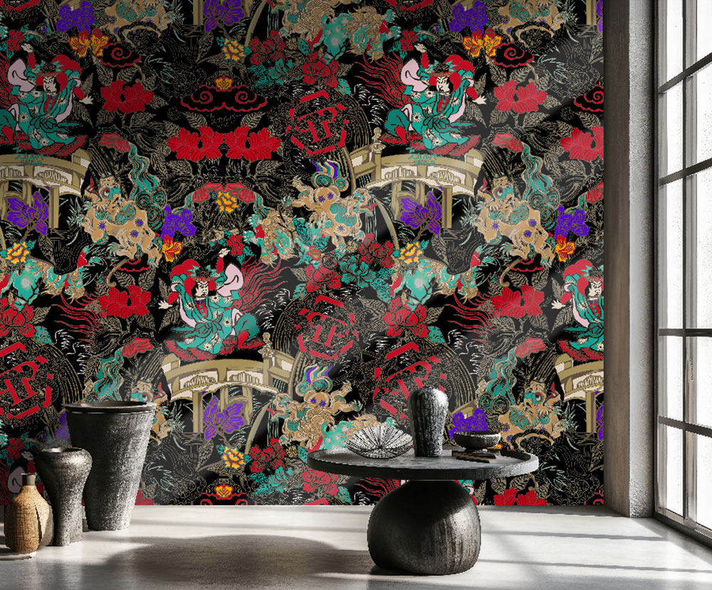 Fotótapéta, fekete, piros, alakok, virágok, Z81079, 2x3 m, Philipp Plein 2, Zambaiti Parati