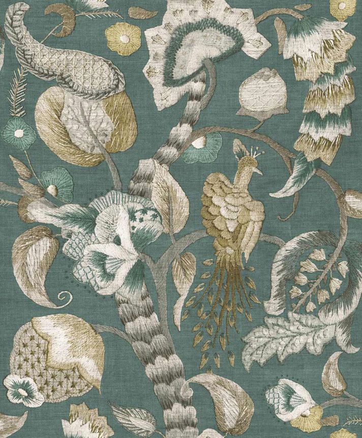 Tapéta, zöld, szürke, virágzó ágak, madarak, 5806, Jaipur, Parato by Cristiana Masi