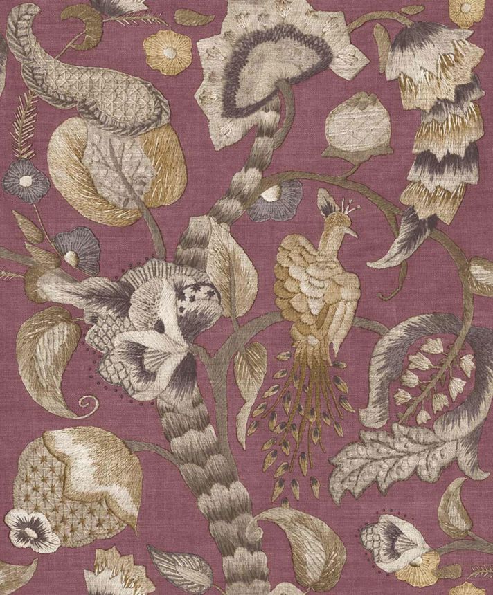 Tapéta, zöld, lila, virágzó ágak, madarak, 5808, Jaipur, Parato by Cristiana Masi