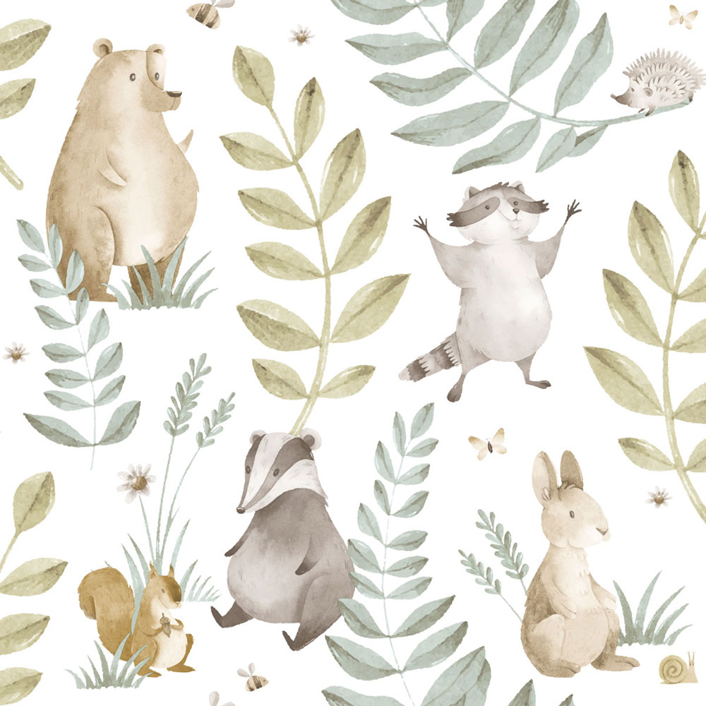 Gyerek tapéta, kék, zöld, állatok és levelek, 4410, Momi, Parato by Cristiana Masi