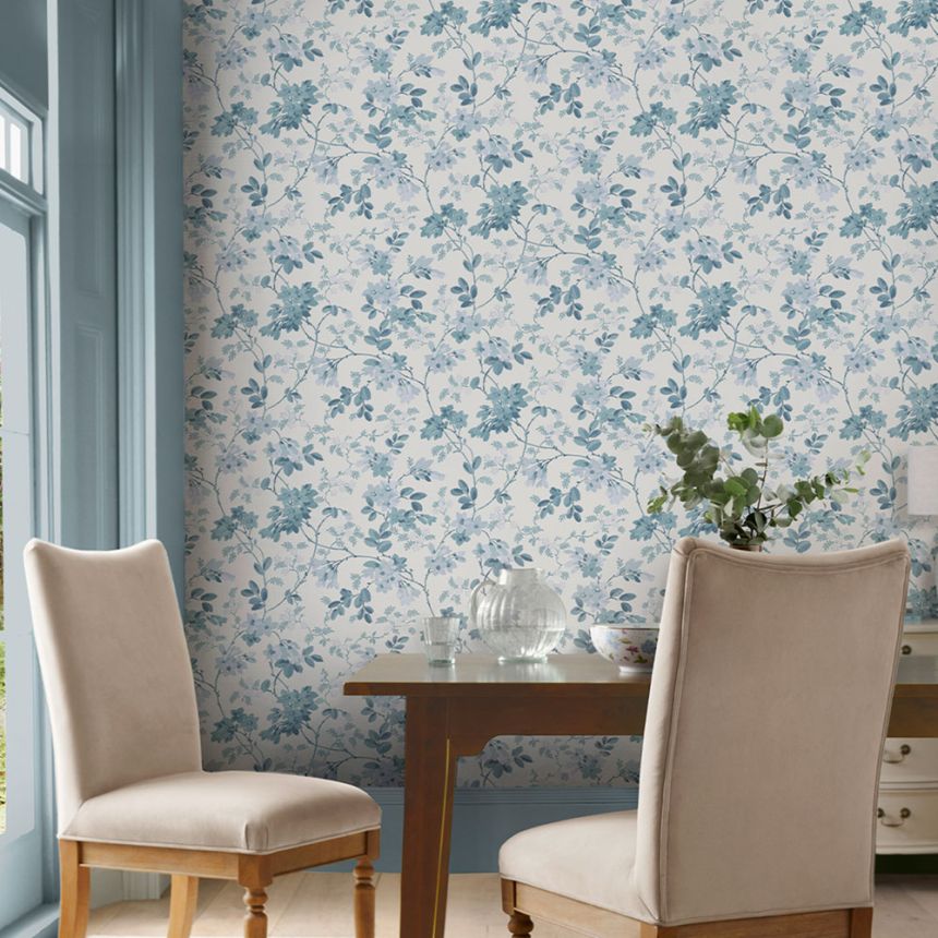 Tapéta, kék, fehér, virágok, levelek, 130107, Laura Ashley 4