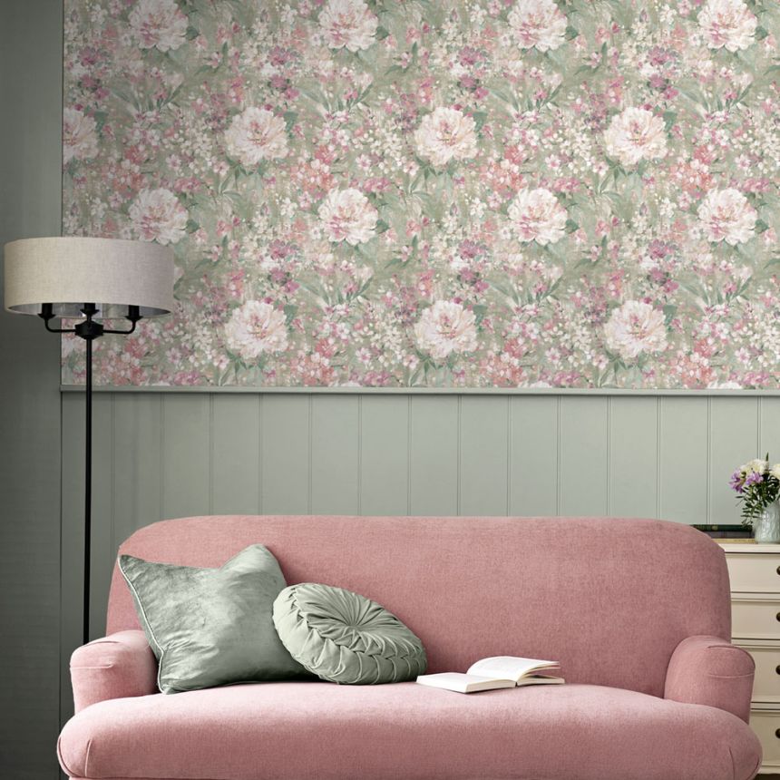 Tapéta, zöld, rózsaszín, virágmintás, 140328, Laura Ashley 4