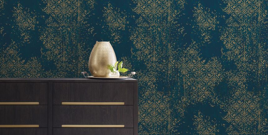 Tapéta, kék, bézs, vintage ornamentika, AU41205, Aurelia, Prestige Wallcoverings
