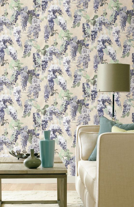 Tapéta, kék, zöld, virágok, ágak, AU41603, Aurelia, Prestige Wallcoverings