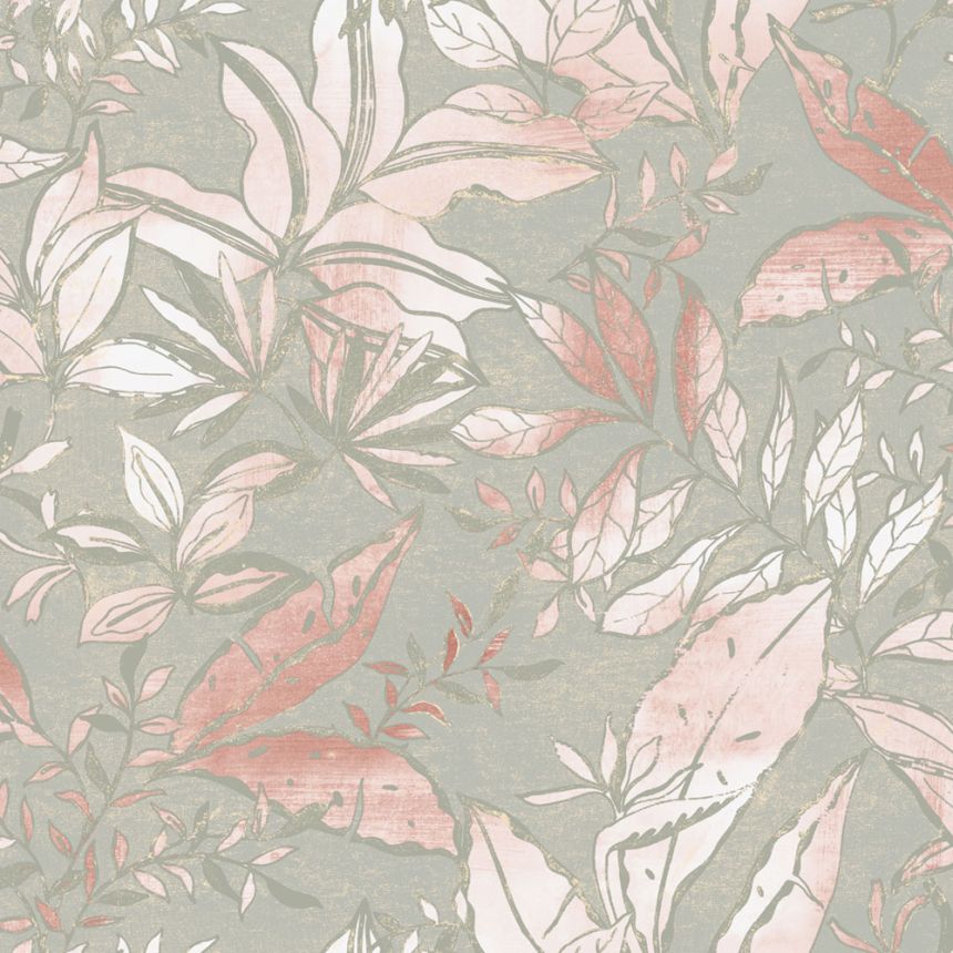 Tapéta, szürke, rózsaszín, levelek és ágak, AU41703, Aurelia, Prestige Wallcoverings
