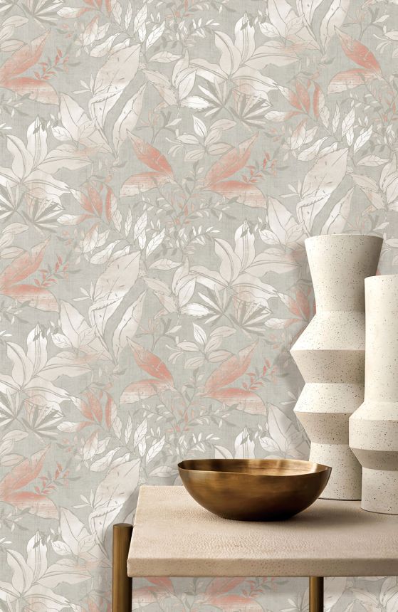 Tapéta, szürke, rózsaszín, levelek és ágak, AU41703, Aurelia, Prestige Wallcoverings