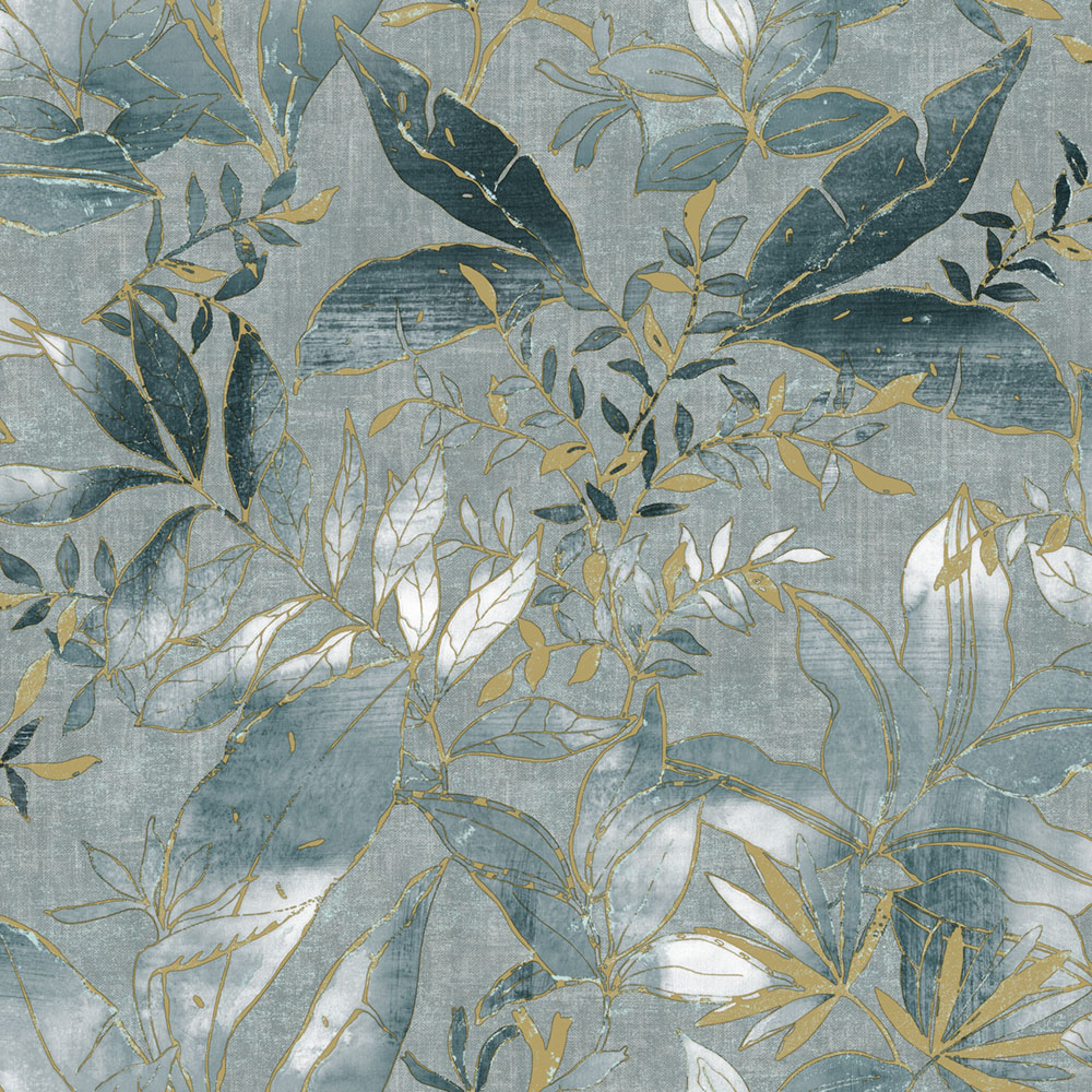 Tapéta, kék, arany, levelek és ágak, AU41704, Aurelia, Prestige Wallcoverings