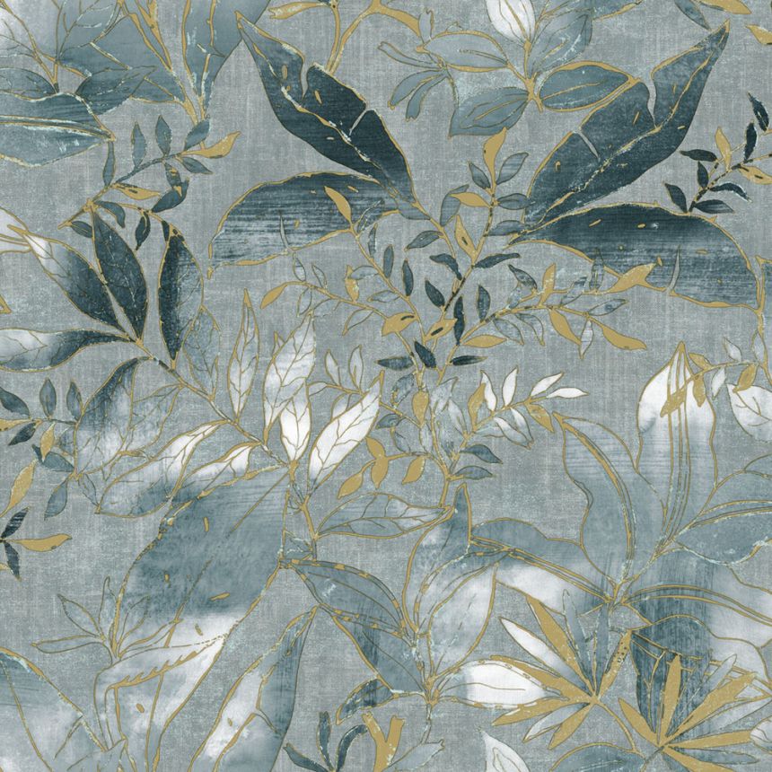 Tapéta, kék, arany, levelek és ágak, AU41704, Aurelia, Prestige Wallcoverings