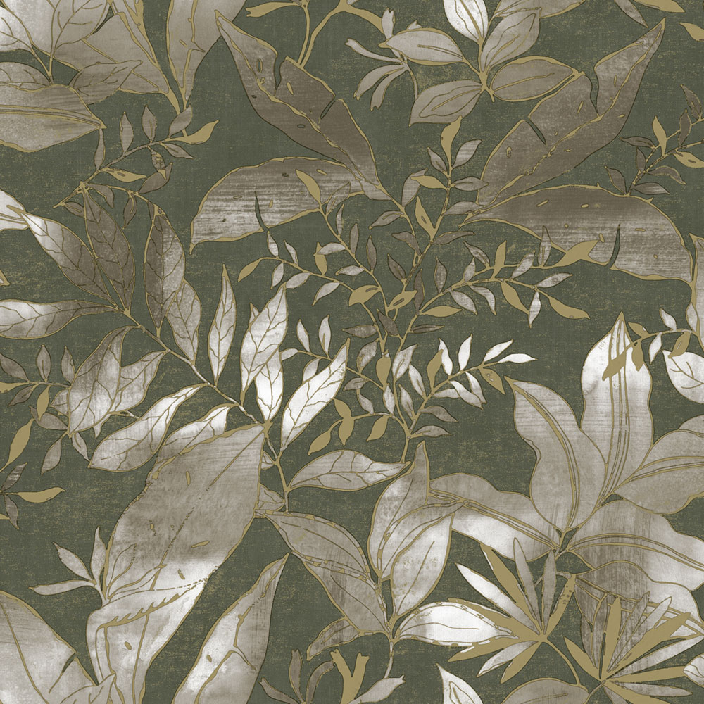 Tapéta, zöld, arany, levelek és ágak, AU41705, Aurelia, Prestige Wallcoverings