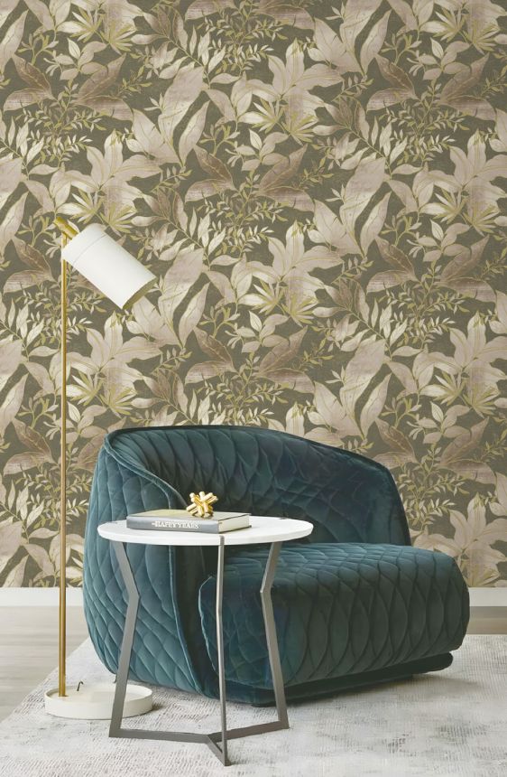 Tapéta, zöld, arany, levelek és ágak, AU41705, Aurelia, Prestige Wallcoverings