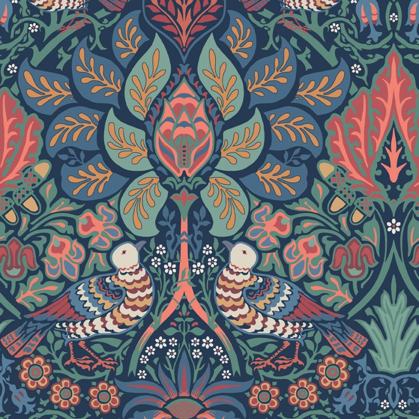 Tapéta, kék, narancssárga, virágok, madarak, 140477, William Morris at Home vol. 2