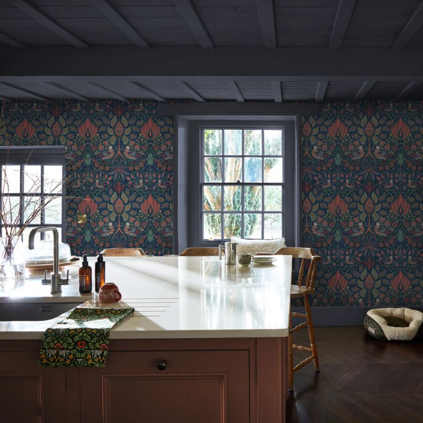 Tapéta, kék, narancssárga, virágok, madarak, 140477, William Morris at Home vol. 2