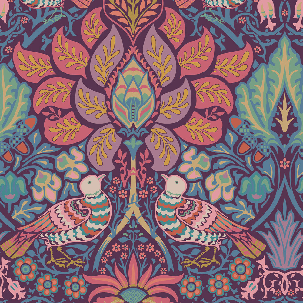 Tapéta, lila, rózsaszín, virágok, madarak, 140478, William Morris at Home vol. 2