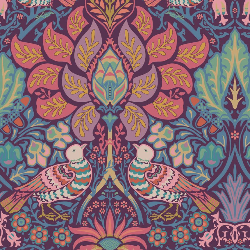 Tapéta, lila, rózsaszín, virágok, madarak, 140478, William Morris at Home vol. 2