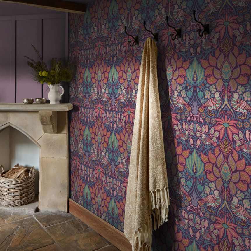 Tapéta, lila, rózsaszín, virágok, madarak, 140478, William Morris at Home vol. 2