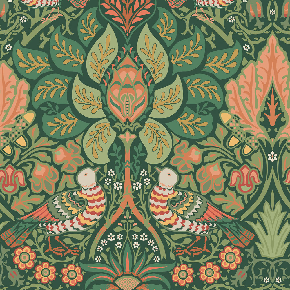 Tapéta, zöld, piros, virágok, madarak, 140480, William Morris at Home vol. 2