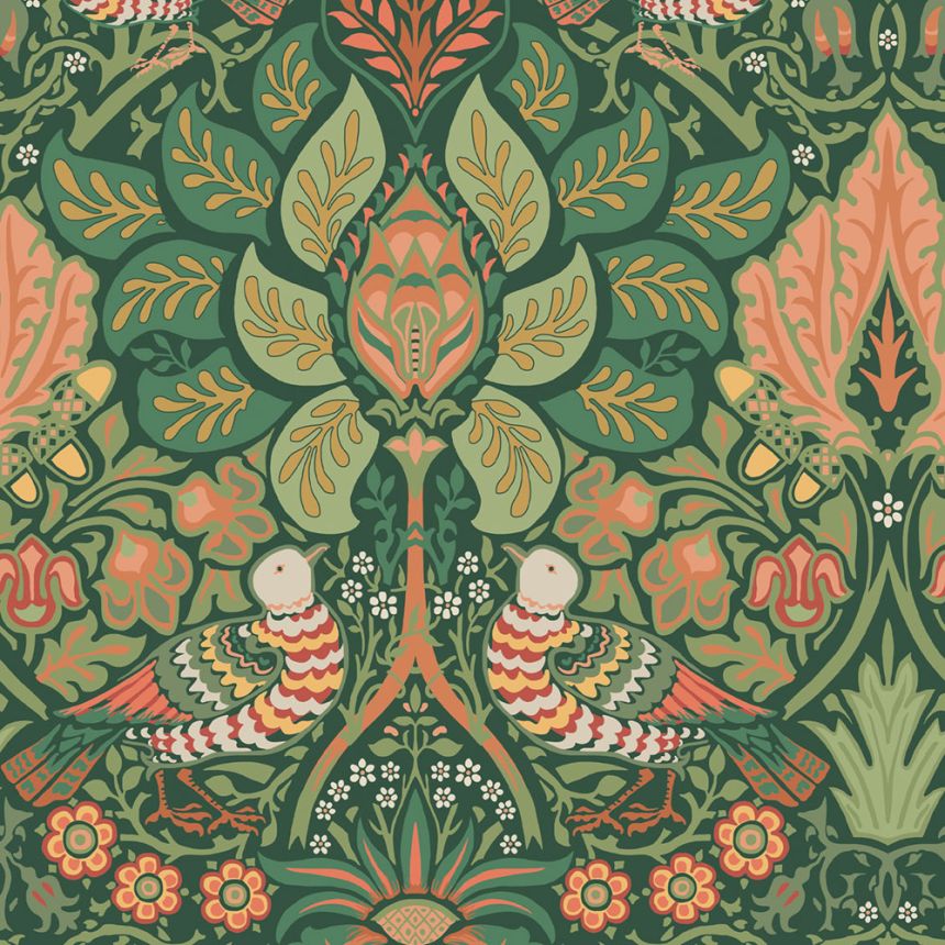 Tapéta, zöld, piros, virágok, madarak, 140480, William Morris at Home vol. 2