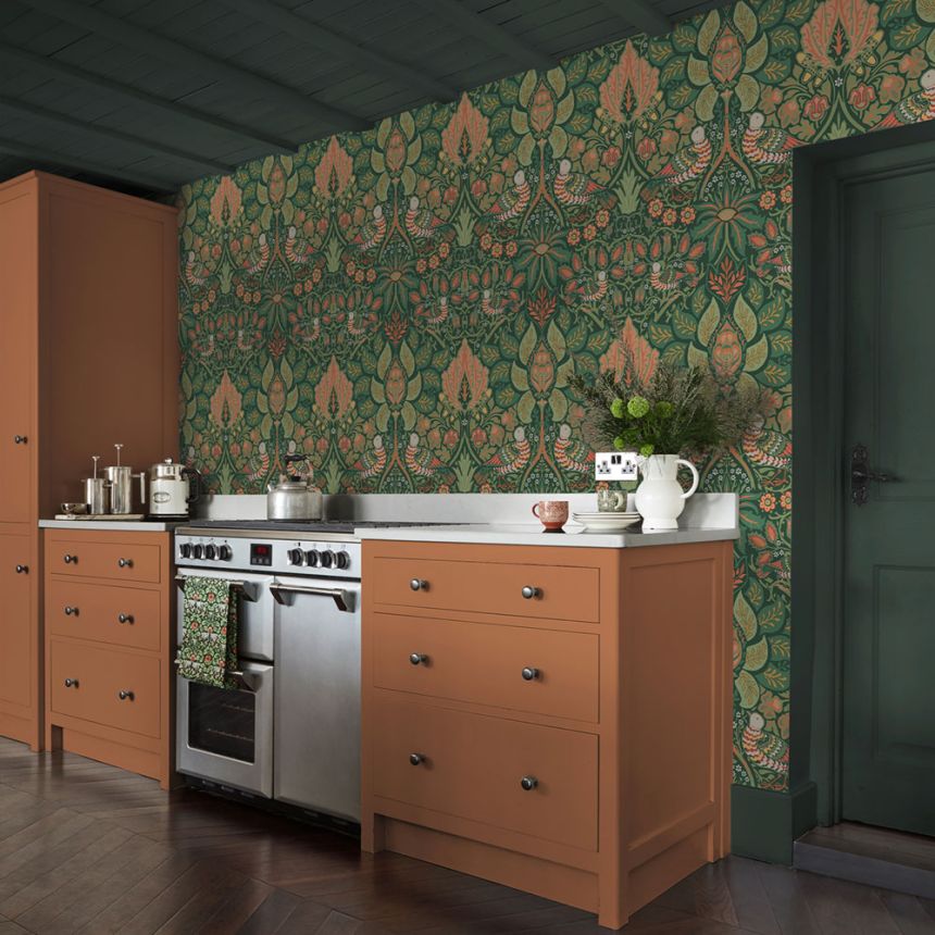 Tapéta, zöld, piros, virágok, madarak, 140480, William Morris at Home vol. 2