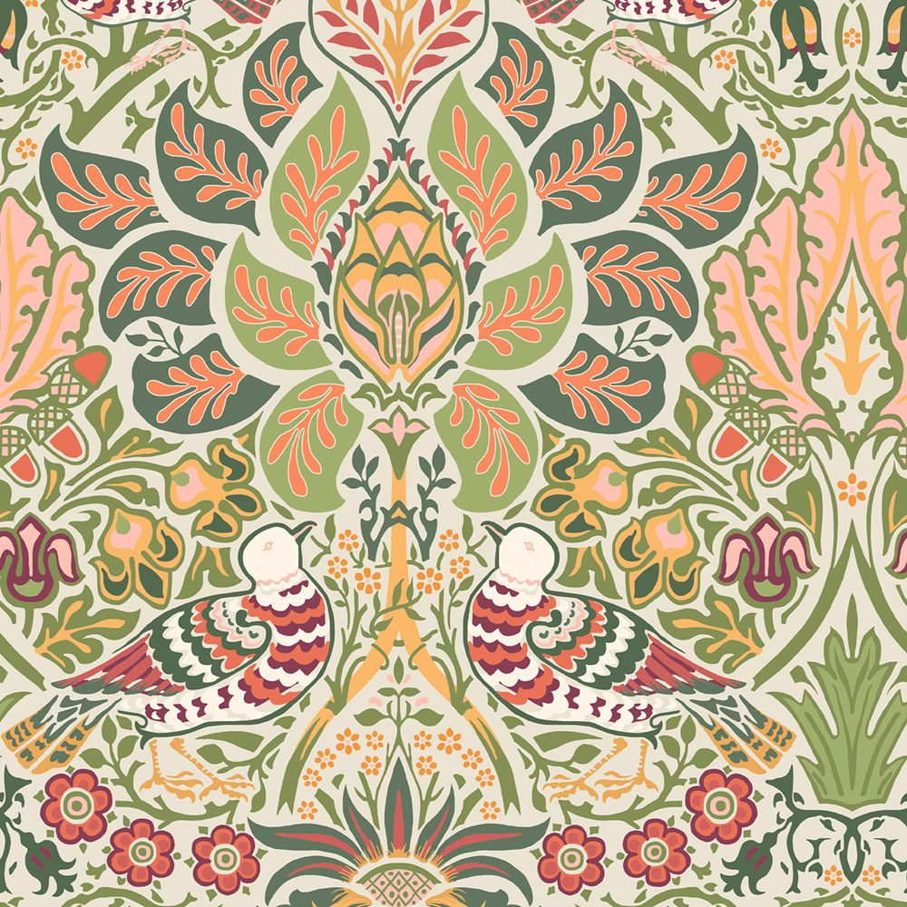 Tapéta, olívazöld, piros, virágok, madarak, 140481, William Morris at Home vol. 2