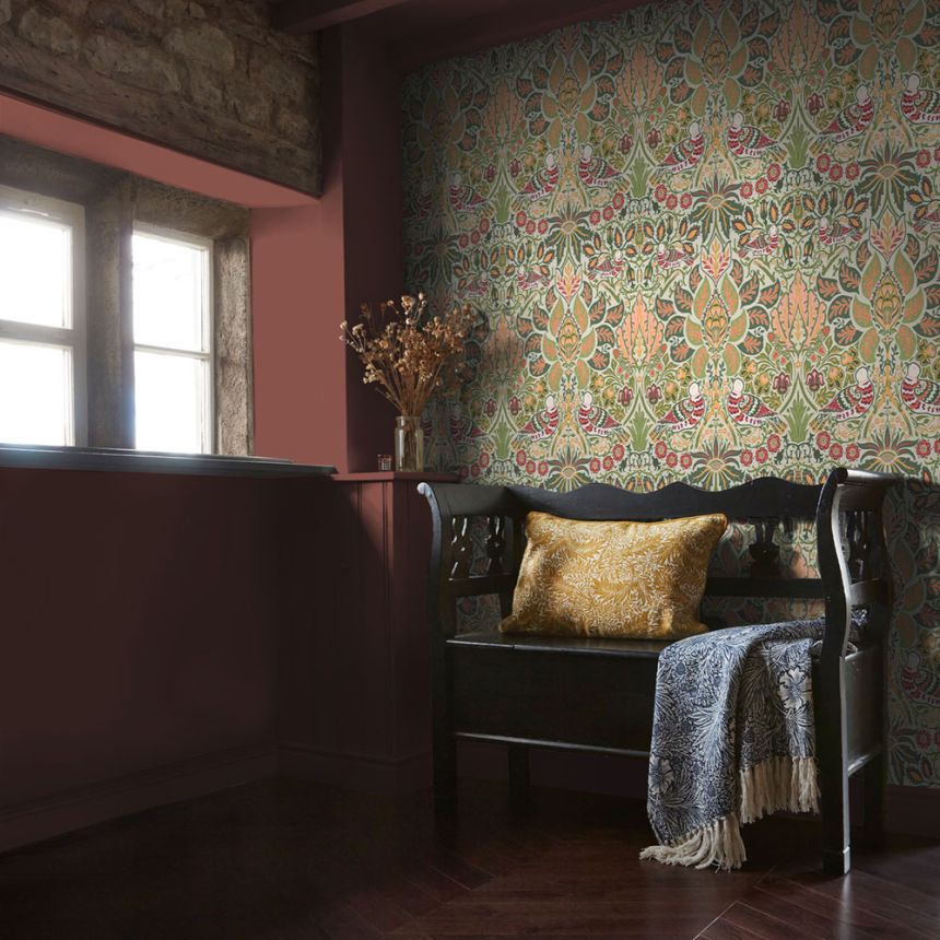 Tapéta, olívazöld, piros, virágok, madarak, 140481, William Morris at Home vol. 2
