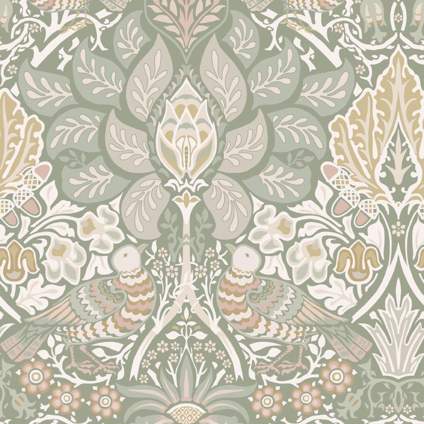 Tapéta, zöld, rózsaszín, virágok, madarak, 140482, William Morris at Home vol. 2