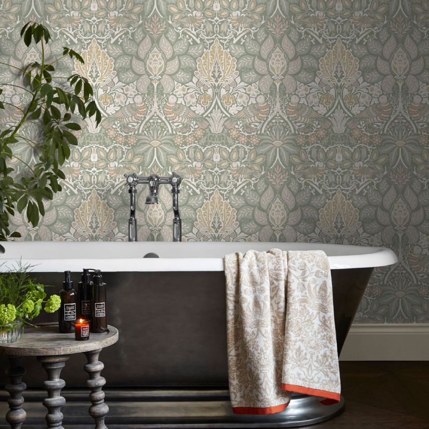 Tapéta, zöld, rózsaszín, virágok, madarak, 140482, William Morris at Home vol. 2